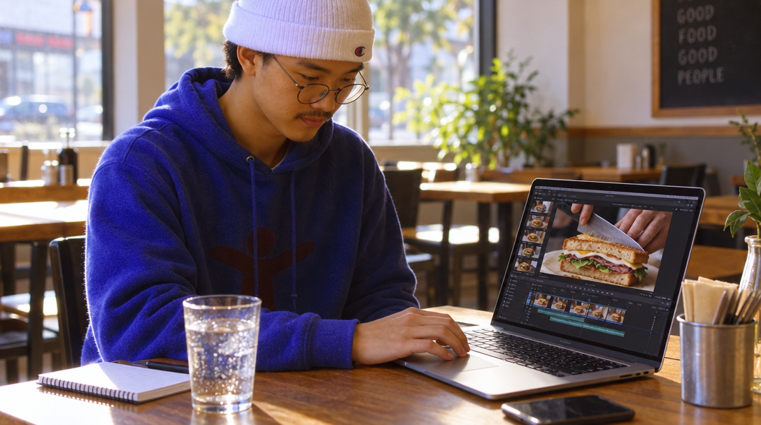 Une restauratrice monte une courte vidéo montrant la découpe d’un sandwich.