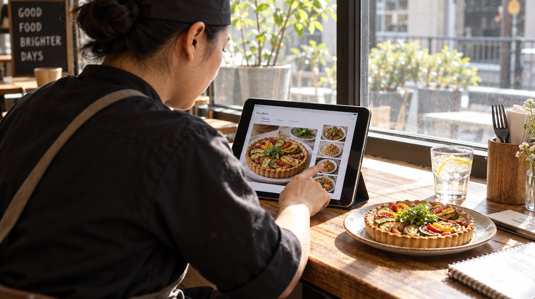 Un employé sélectionne sur une tablette des photos d’une tarte aux légumes.