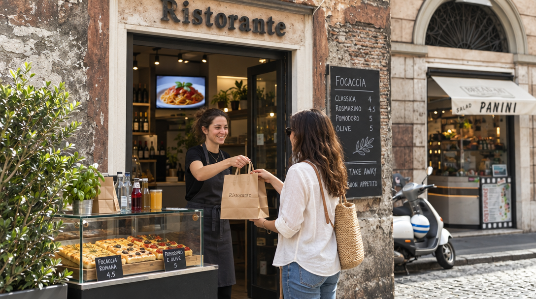 Une employée remet une commande à emporter à un client à l’entrée du restaurant.