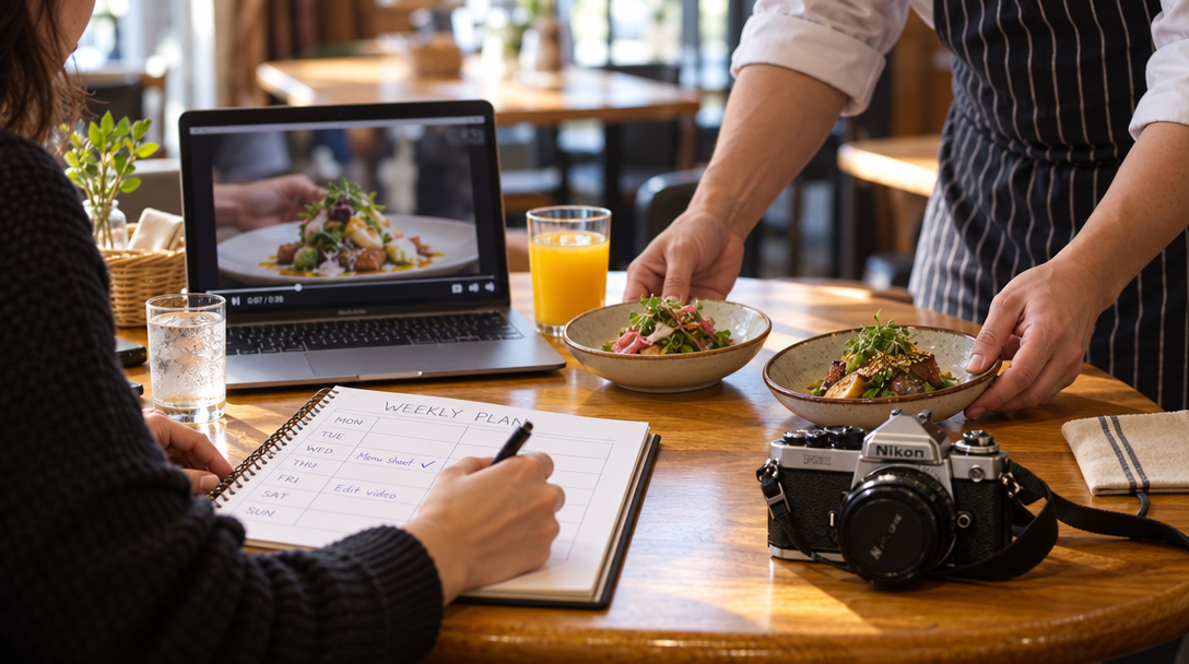 Une responsable organise le tournage sur un agenda pendant qu’un cuisinier apporte deux plats.
