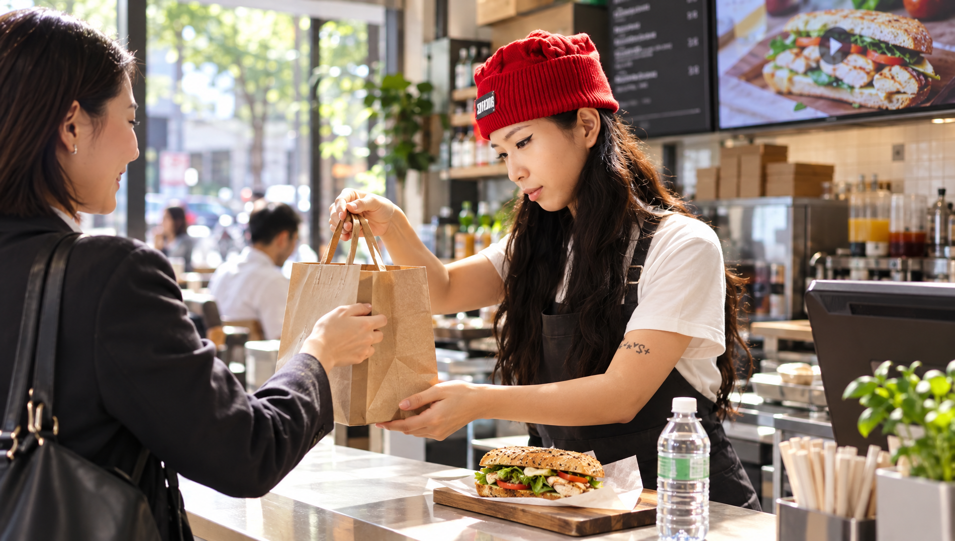 Un employé remet un déjeuner à emporter à une cliente.