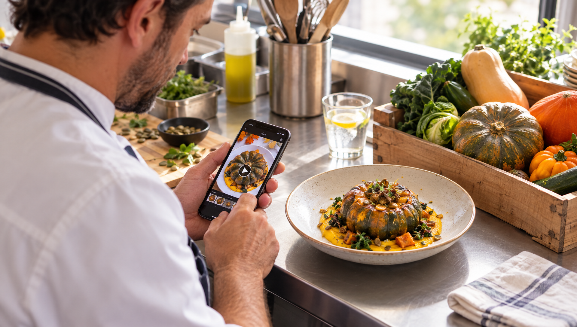 Un chef consulte une photo près d’un plat de courge de saison.