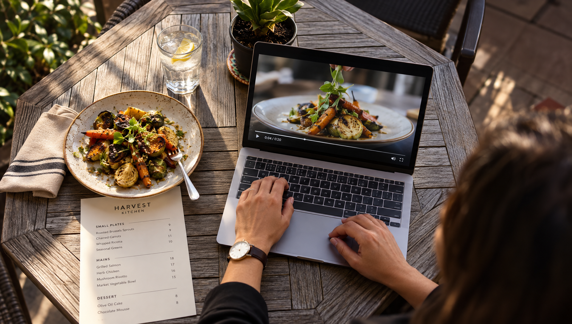 Une responsable travaille sur une vidéo culinaire avec un menu à côté.