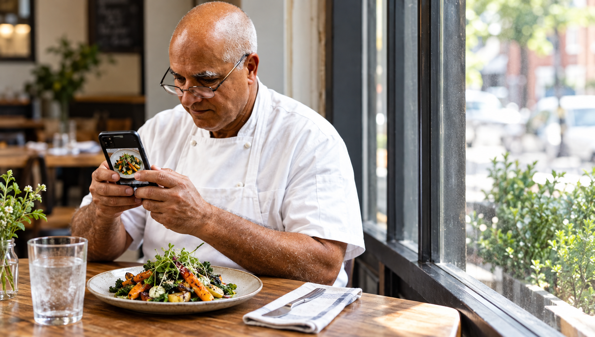 Un chef regarde la photo d’un plat sur son téléphone.