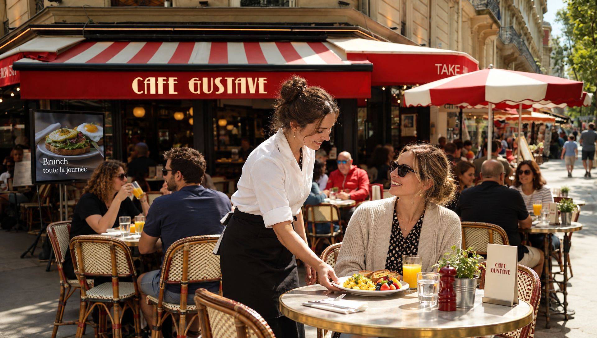 Une serveuse apporte un brunch à une cliente en terrasse.