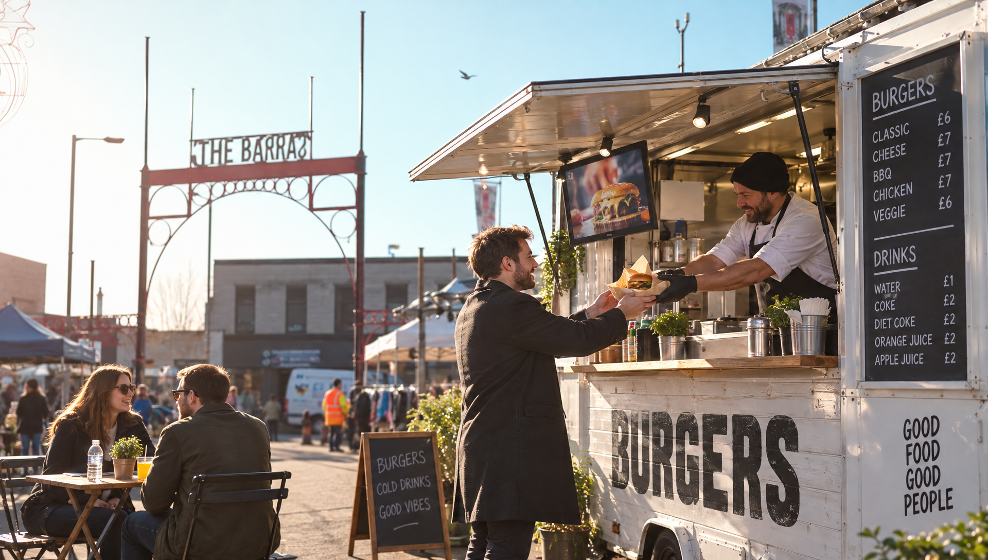Un cuisinier remet un burger à un client au food truck.