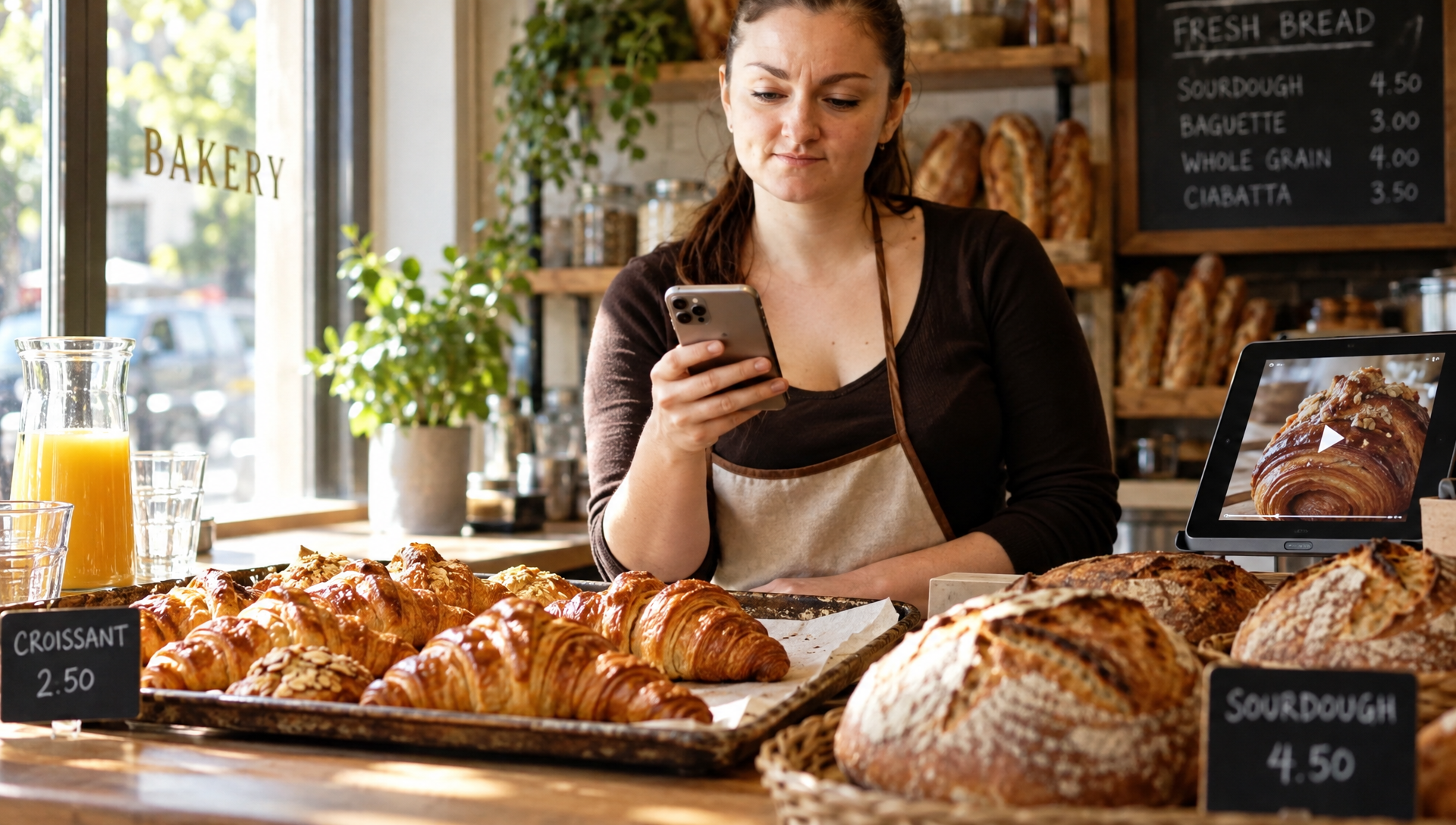 Une boulangère consulte une photo de pâtisserie sur son téléphone.