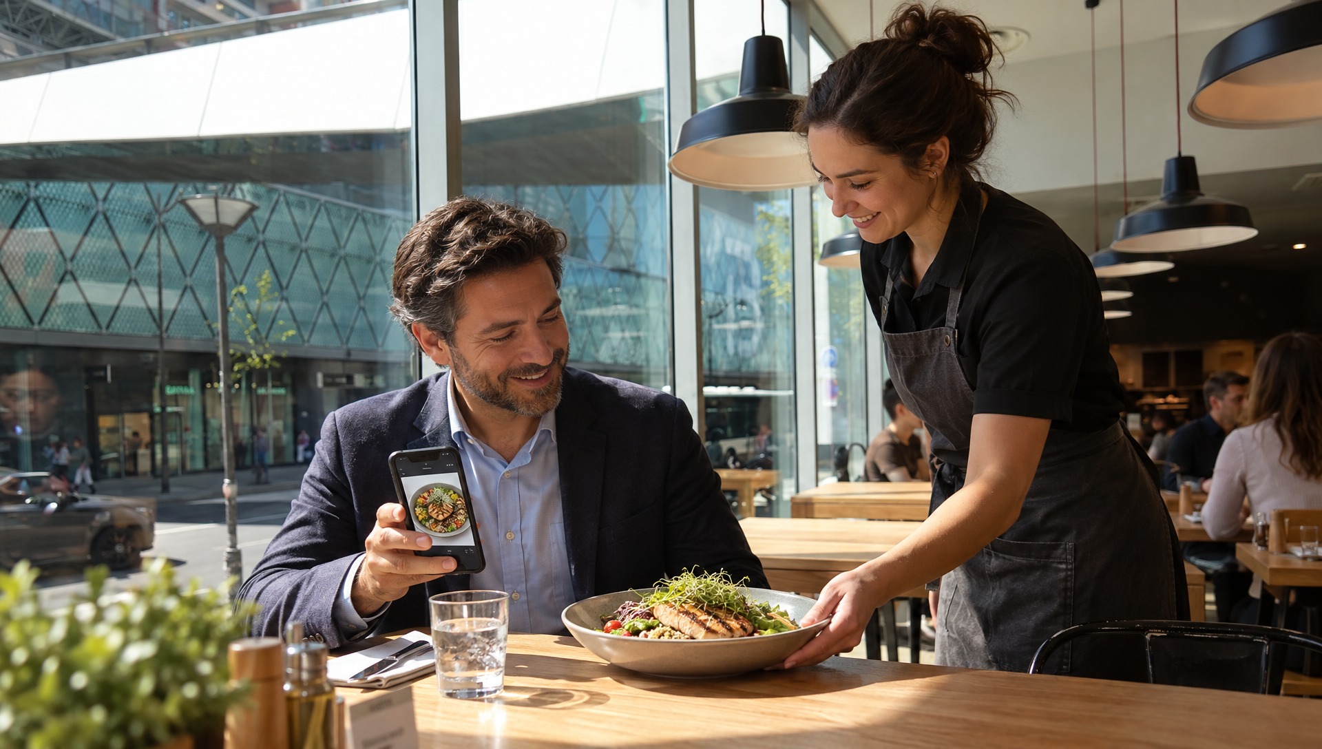 Un responsable utilise son téléphone pendant qu’une serveuse pose le déjeuner.