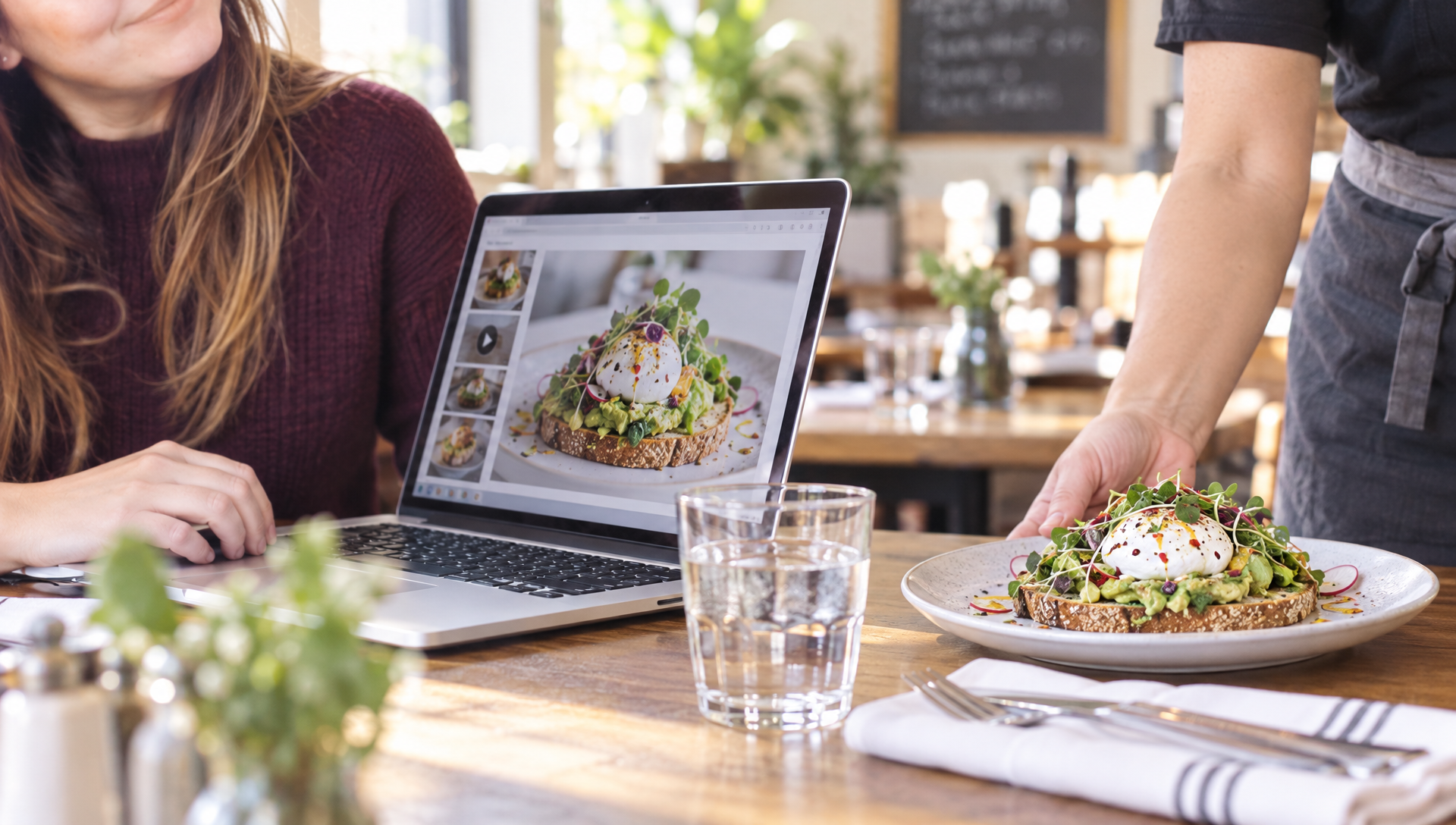 Une restauratrice travaille sur un ordinateur affichant un plat, tandis qu’un serveur apporte l’assiette.
