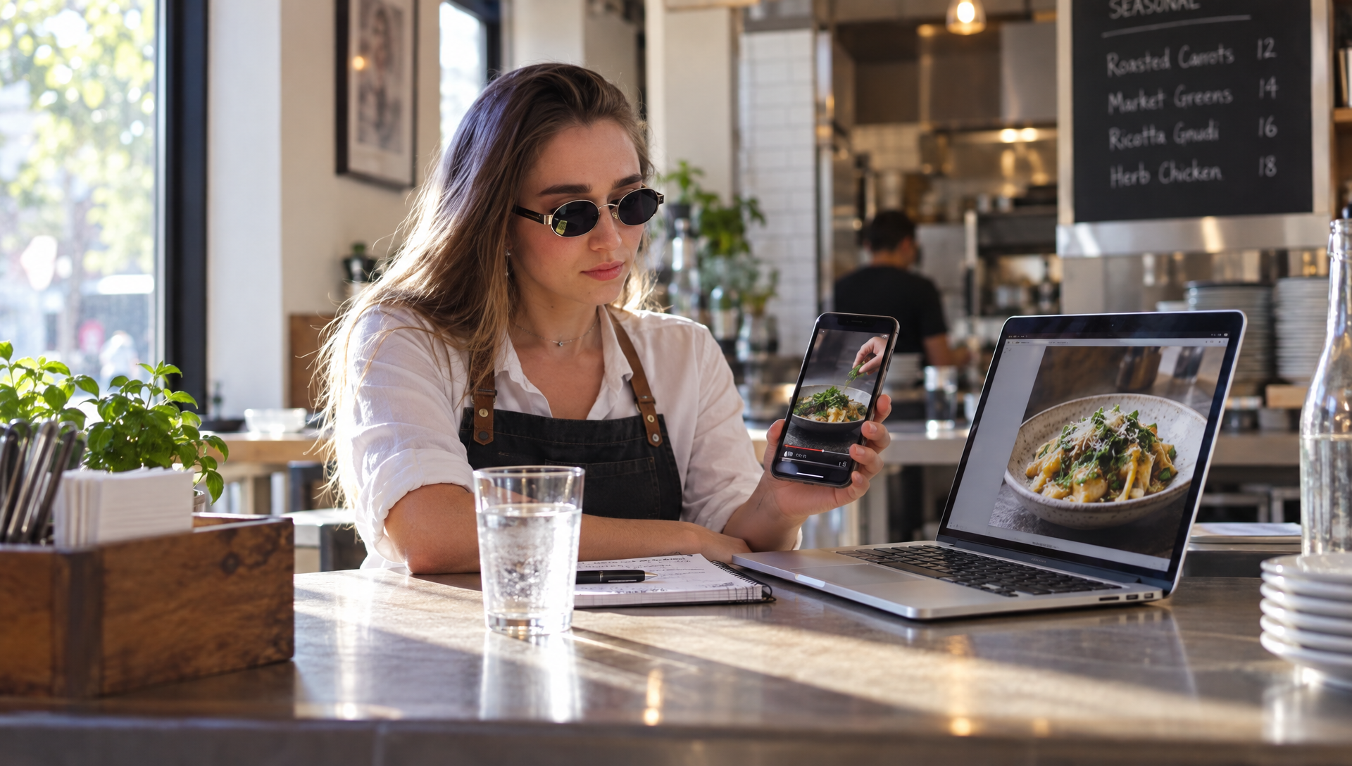 Un responsable compare une photo de plat sur ordinateur et une vidéo de cuisine sur téléphone.