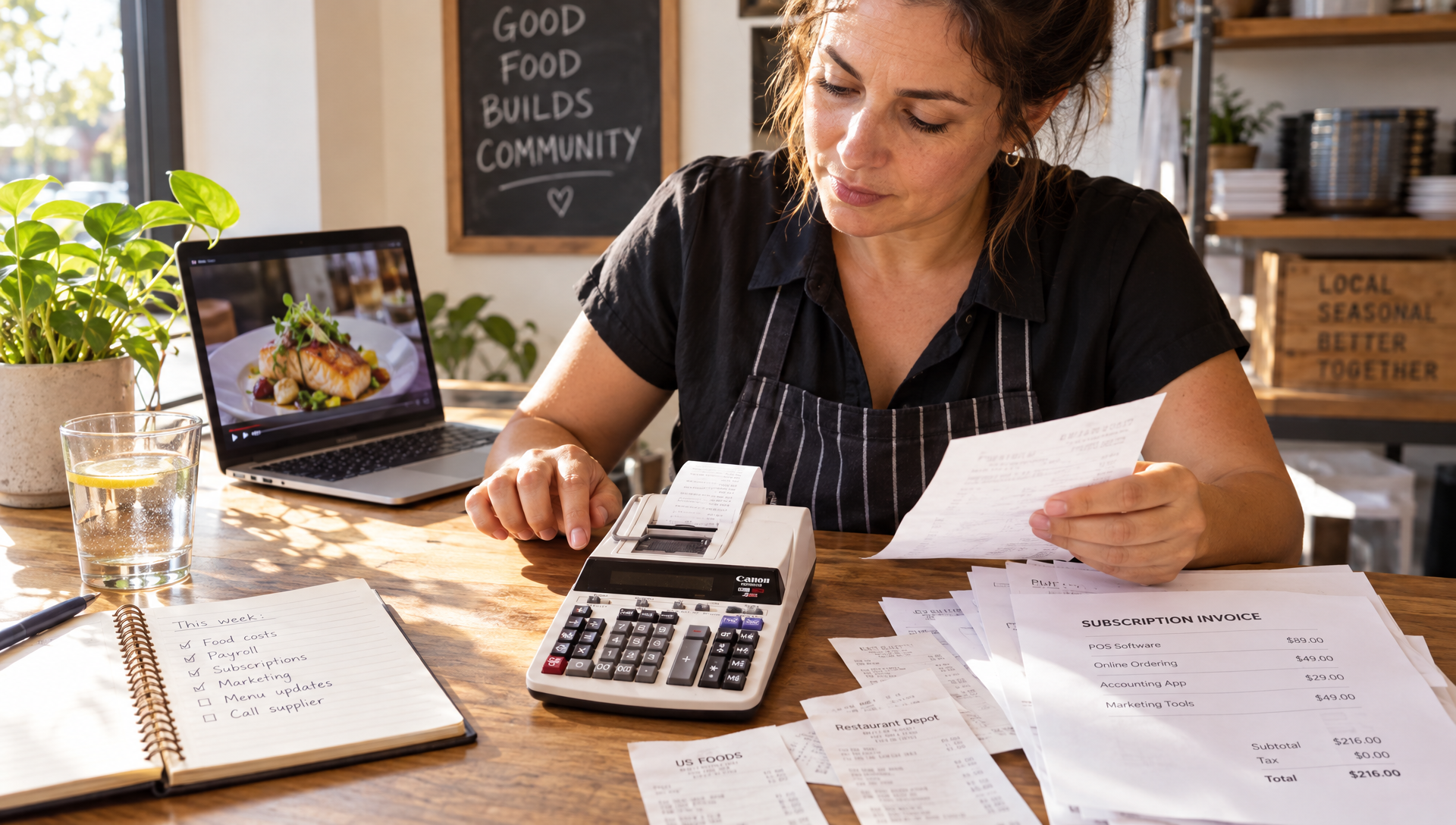 Un restaurateur fait ses comptes avec une calculatrice, des factures et un carnet.