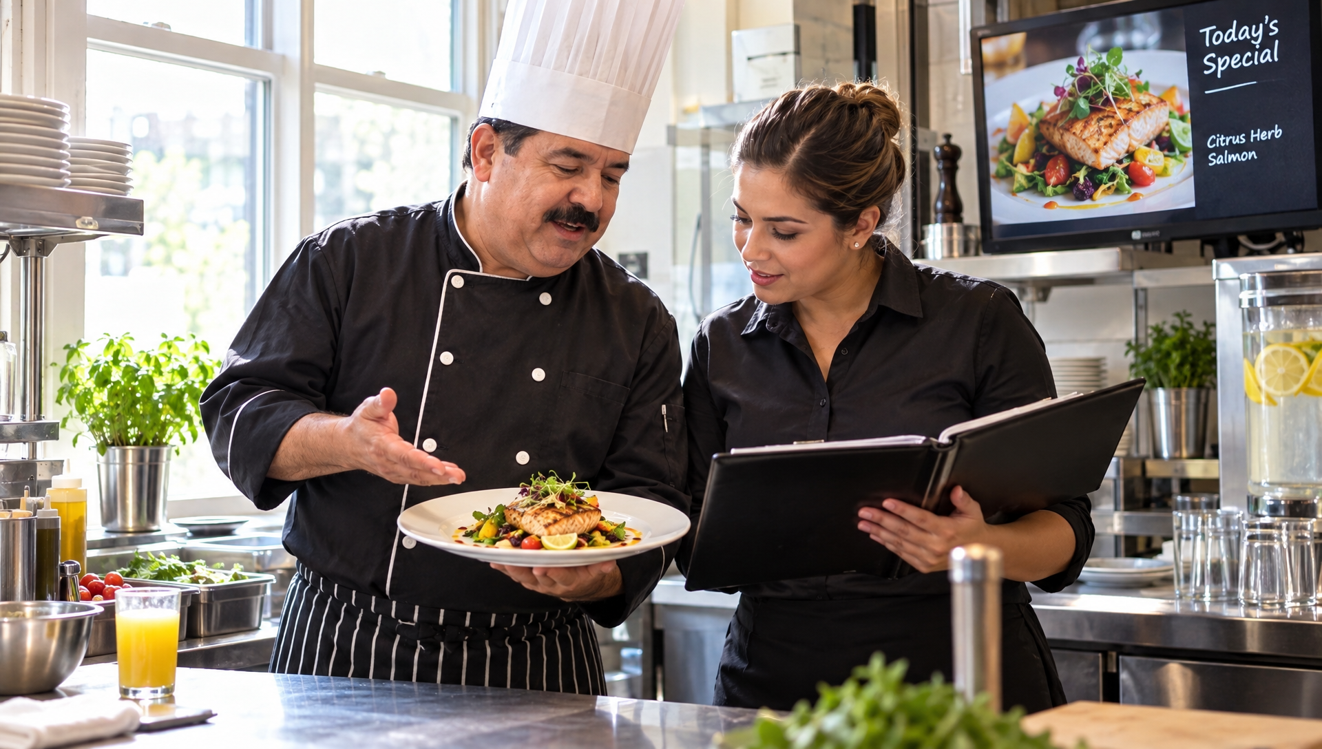 Un chef présente le plat du jour à une responsable qui vérifie la carte.