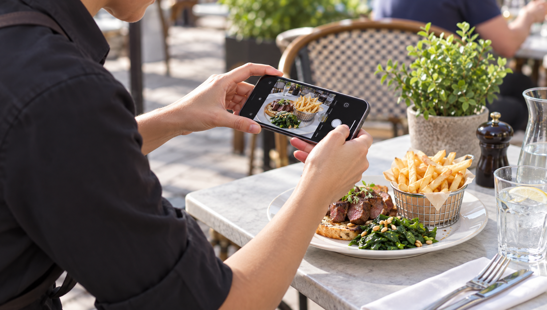 Une serveuse photographie une assiette sur la terrasse du restaurant.