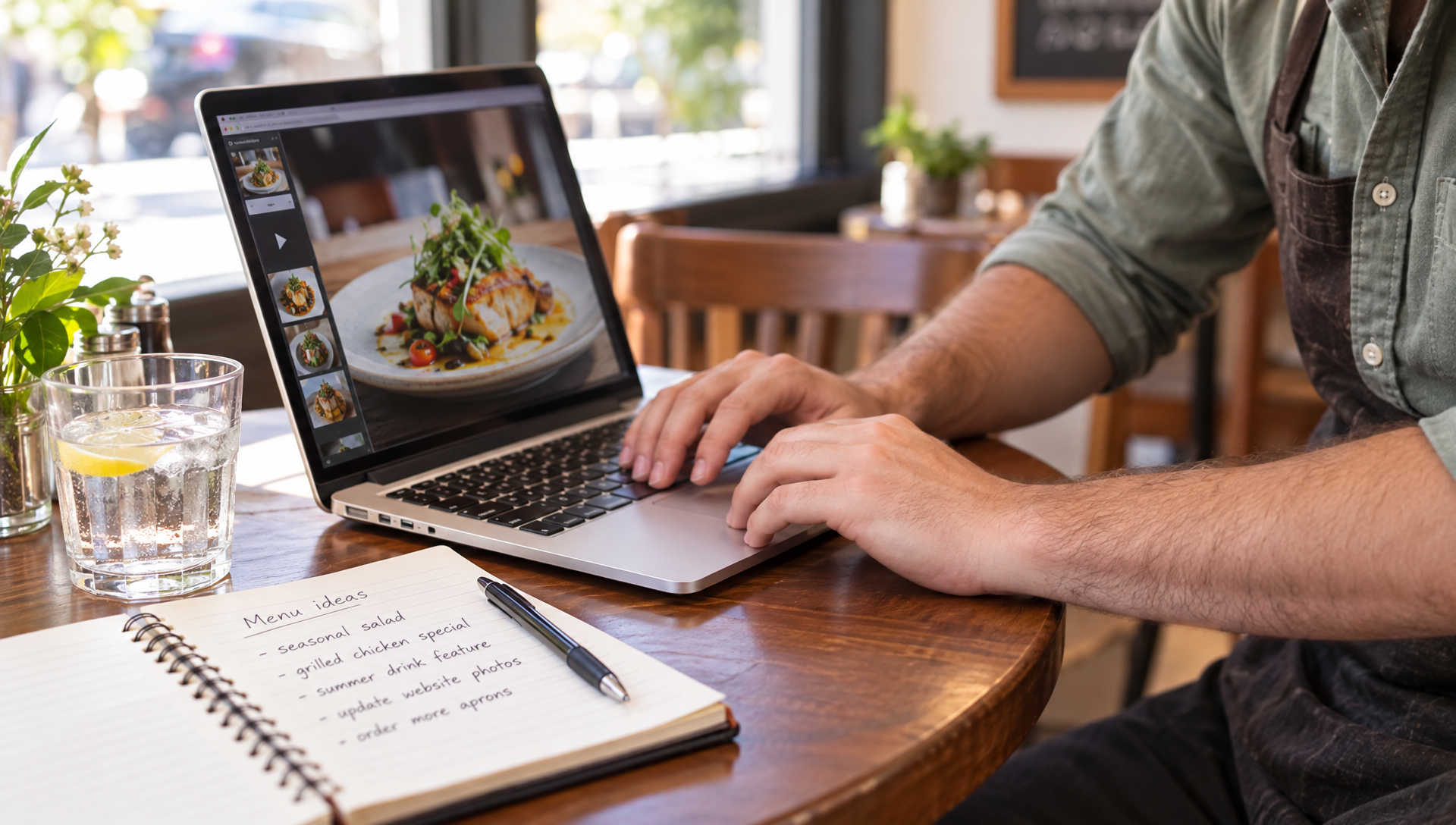 Un restaurateur écrit sur un ordinateur affichant une photo de plat, avec un carnet à côté.