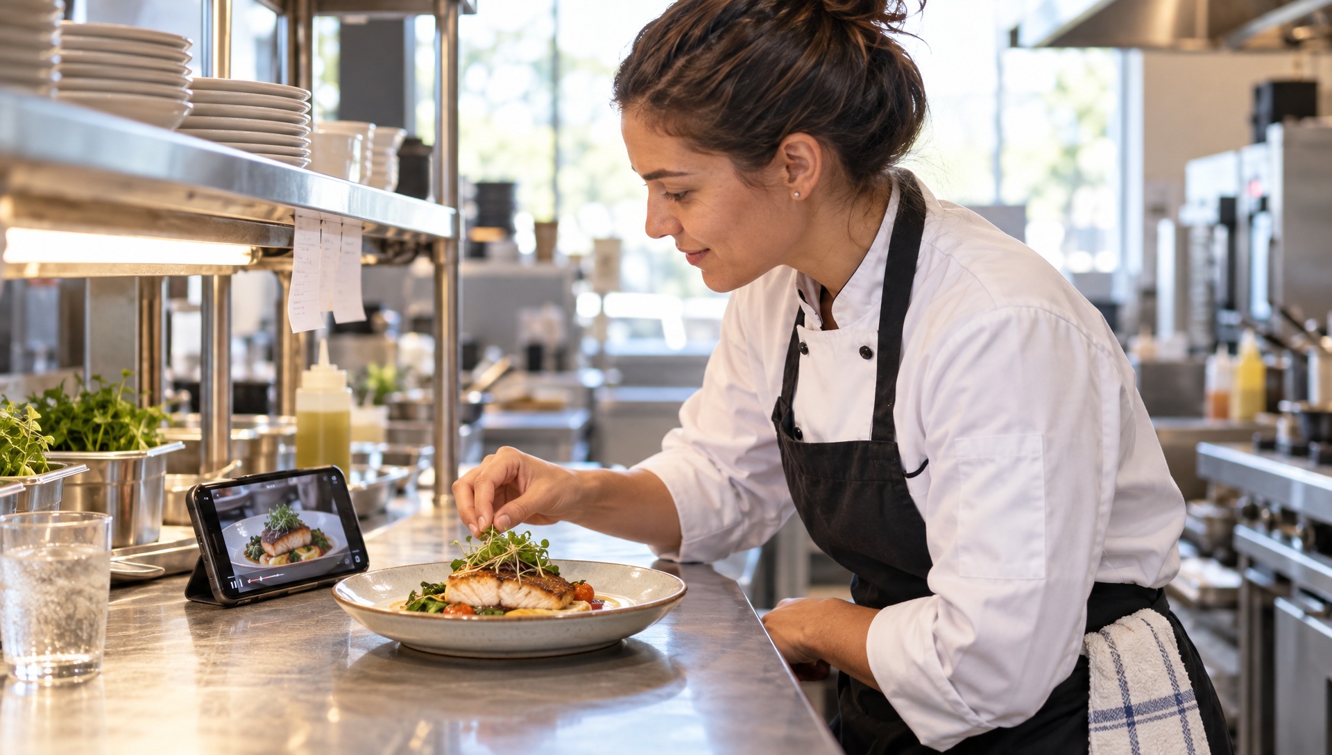 Une cuisinière compare une courte vidéo sur téléphone avec le plat posé devant elle.