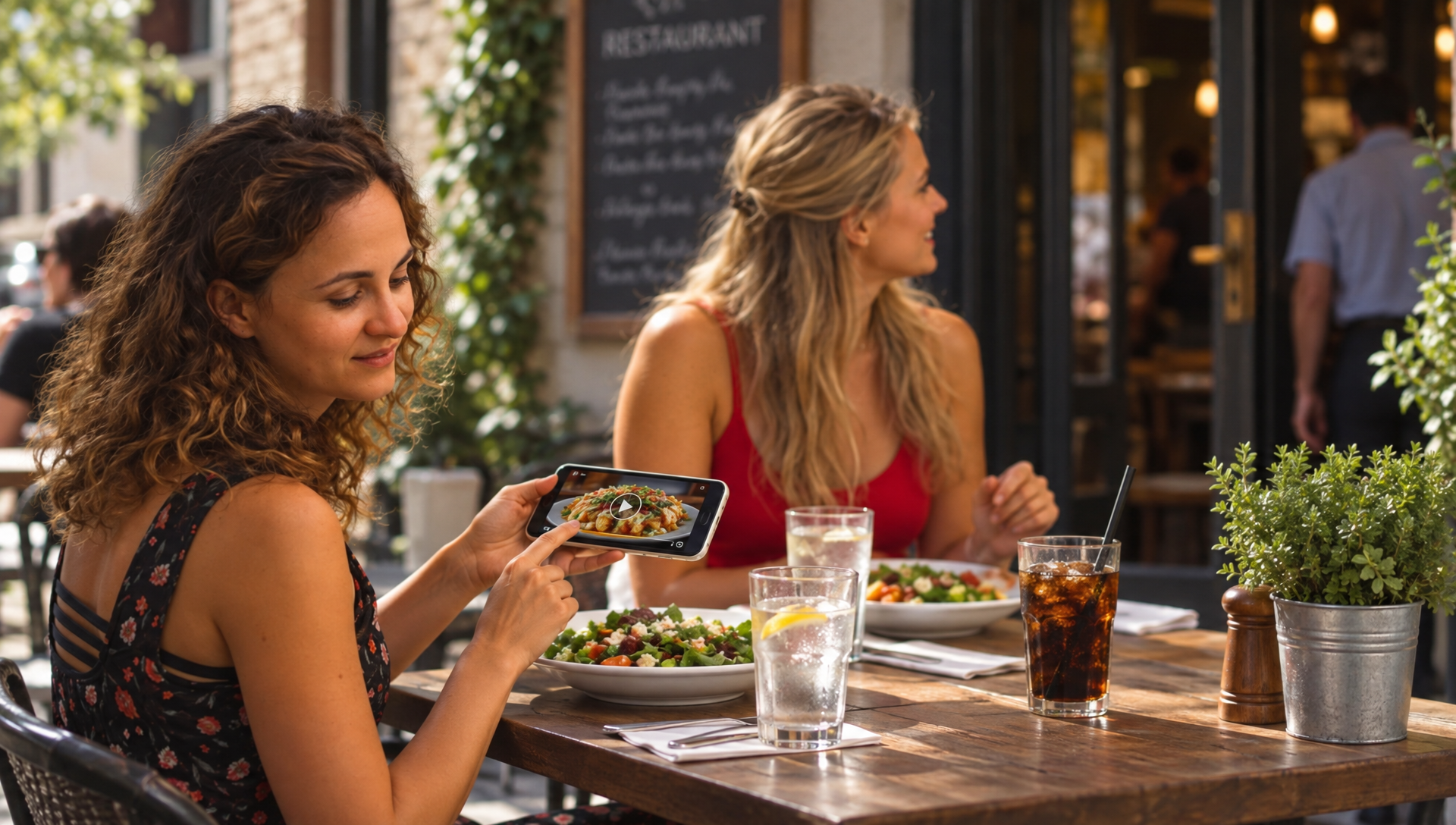 Devant un restaurant, une cliente regarde une vidéo de plat pendant que son accompagnant observe l’entrée.