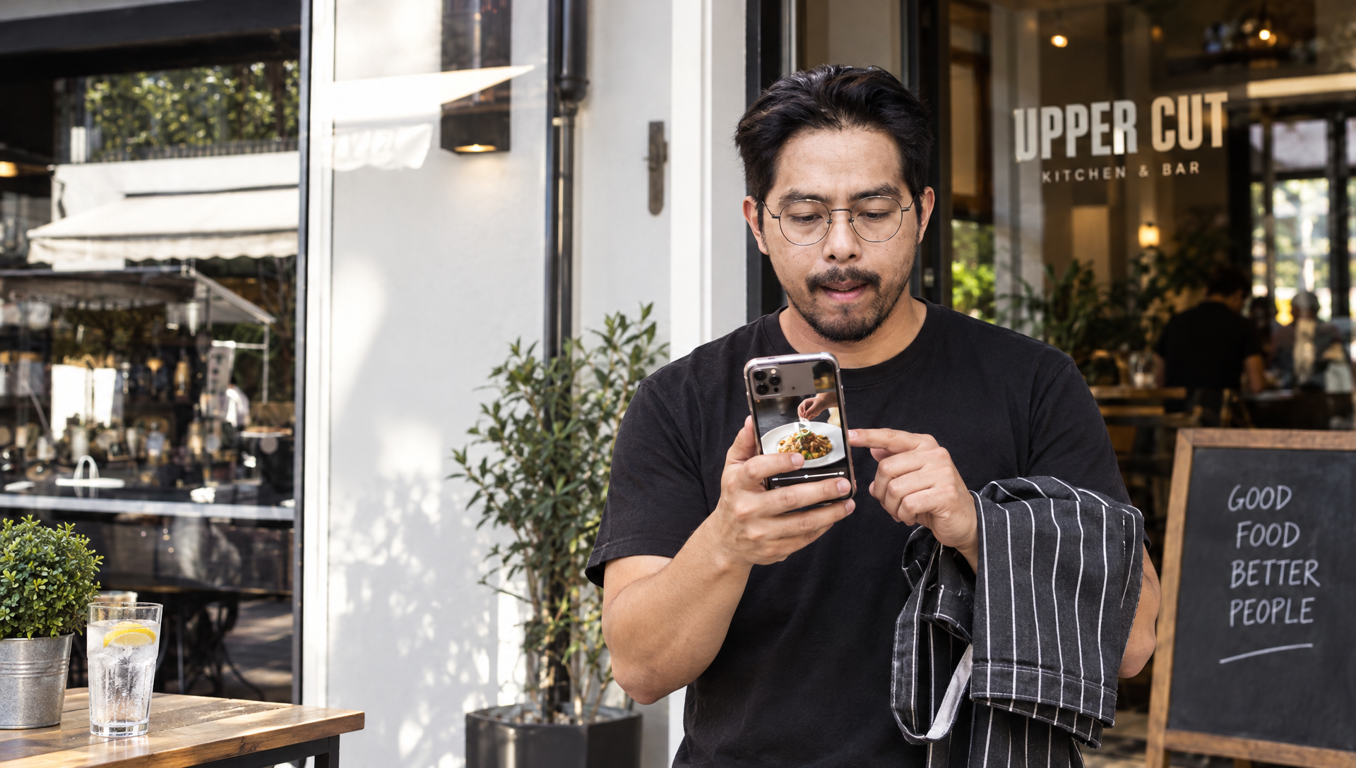 À l’entrée du restaurant, un restaurateur consulte une vidéo de plat sur son téléphone.