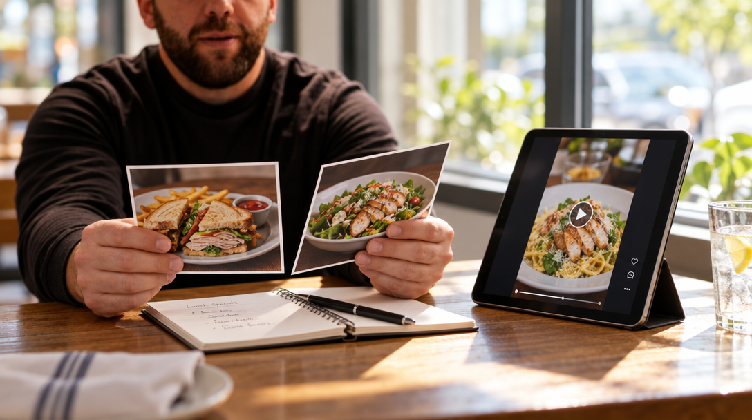Una propietaria revisa fotos y notas junto a un vídeo vertical de comida.