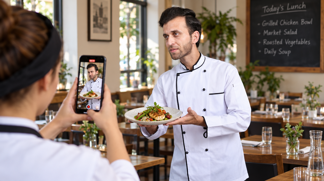 Una persona graba a un cocinero mientras presenta un plato terminado.