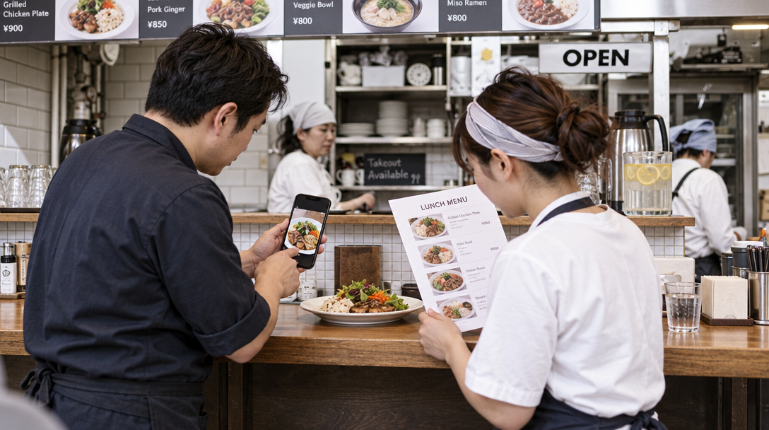Dos trabajadores revisan un plato, la carta y su imagen en el móvil.