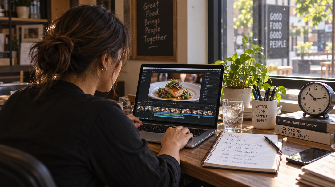 Un propietario monta un vídeo de comida y anota el tiempo de trabajo.