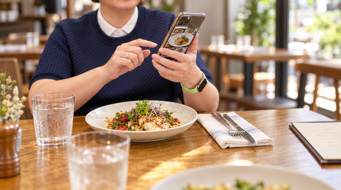Une restauratrice sélectionne des photos sur son téléphone près d’un plat.