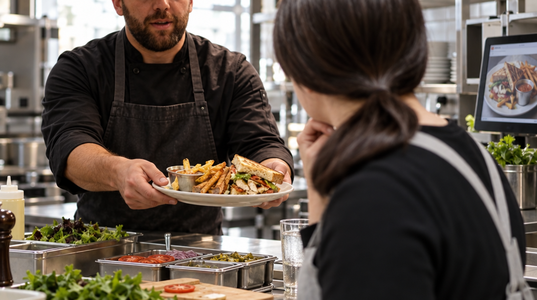 Un chef et une responsable examinent une assiette et son accompagnement.