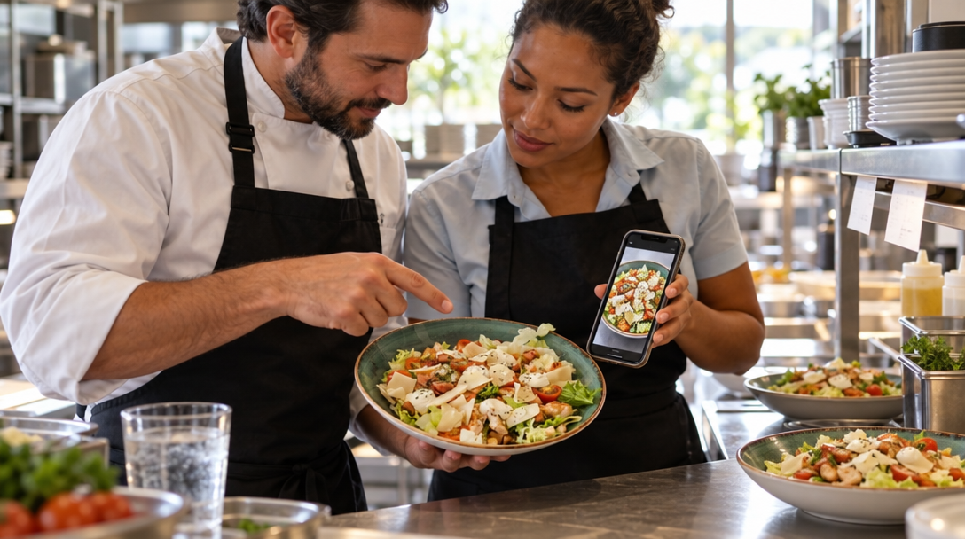 Un chef et une serveuse vérifient le plat avant le service.