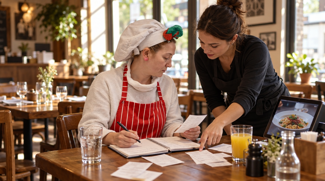 Un restaurateur et une serveuse comparent les commandes après le déjeuner.