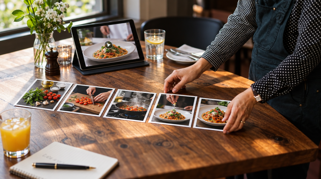 Un responsable organise une série de photos autour d’un plat.