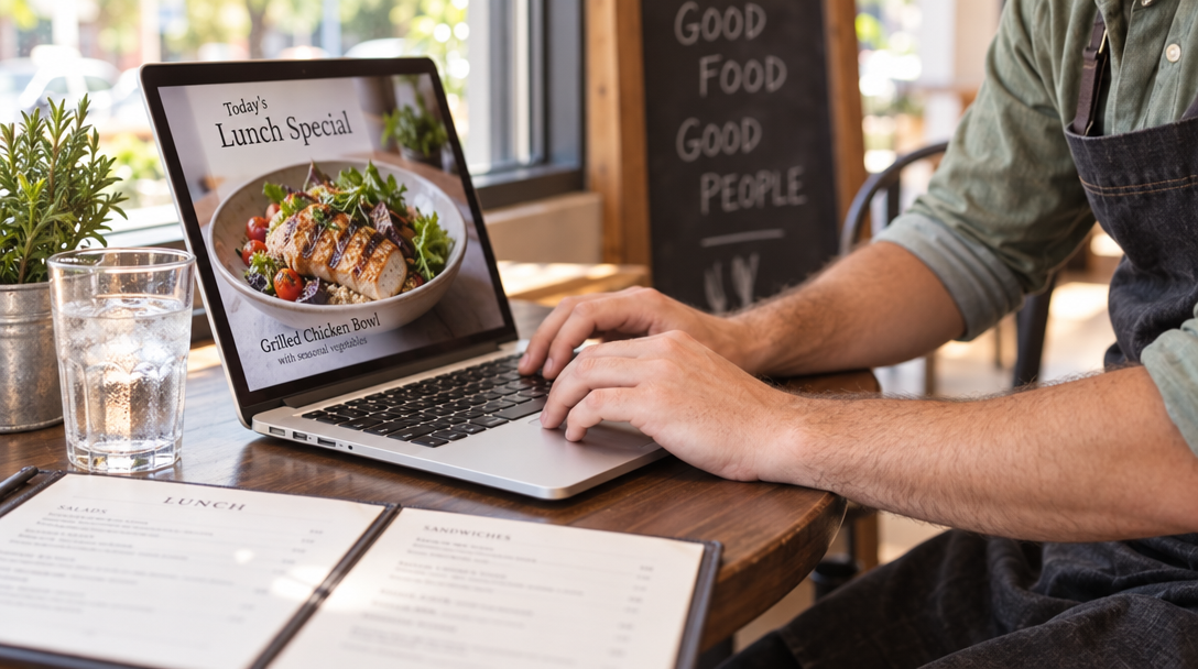 Un restaurateur rédige sur son ordinateur à côté du menu.