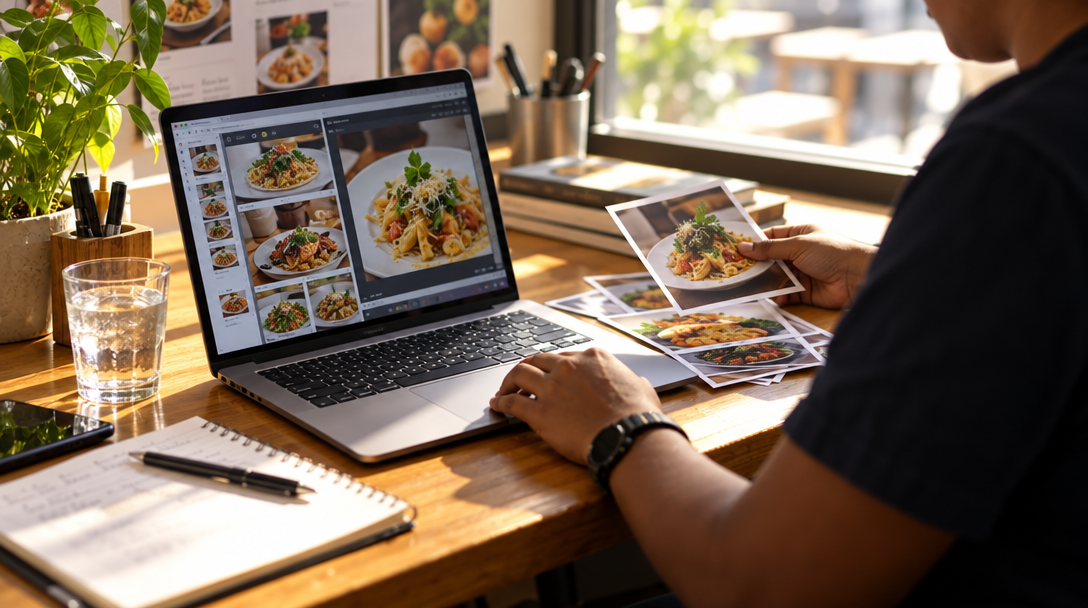 Une responsable organise des photos de plats devant son ordinateur.