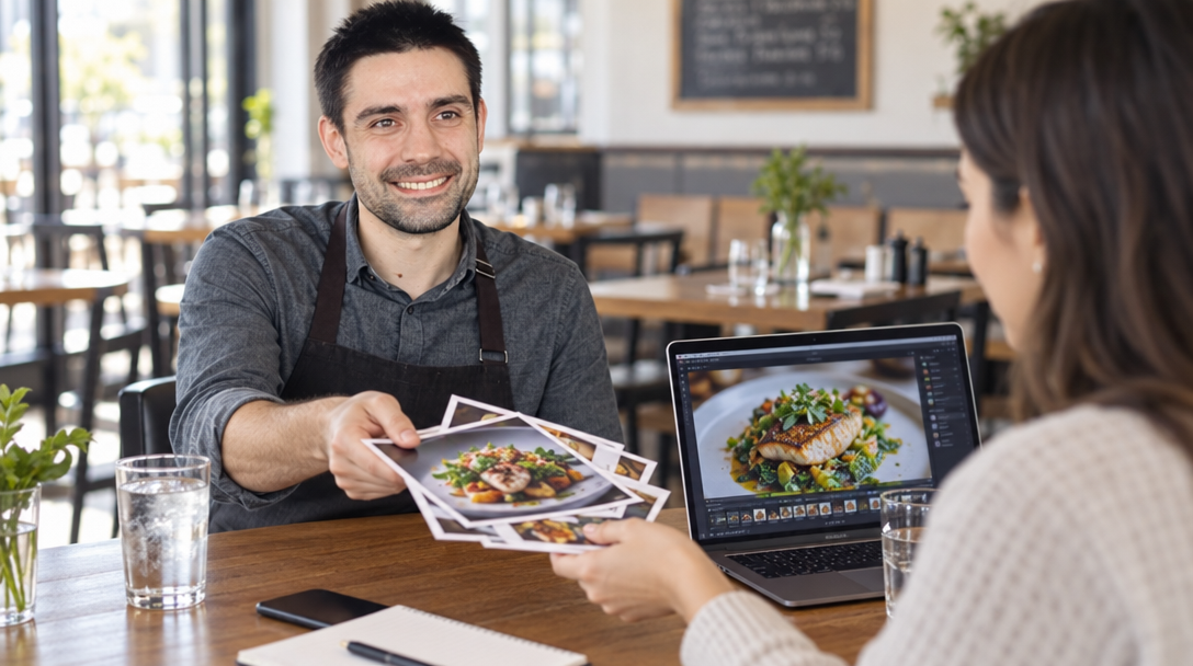 Une restauratrice confie ses photos de plats à un créateur de contenus.