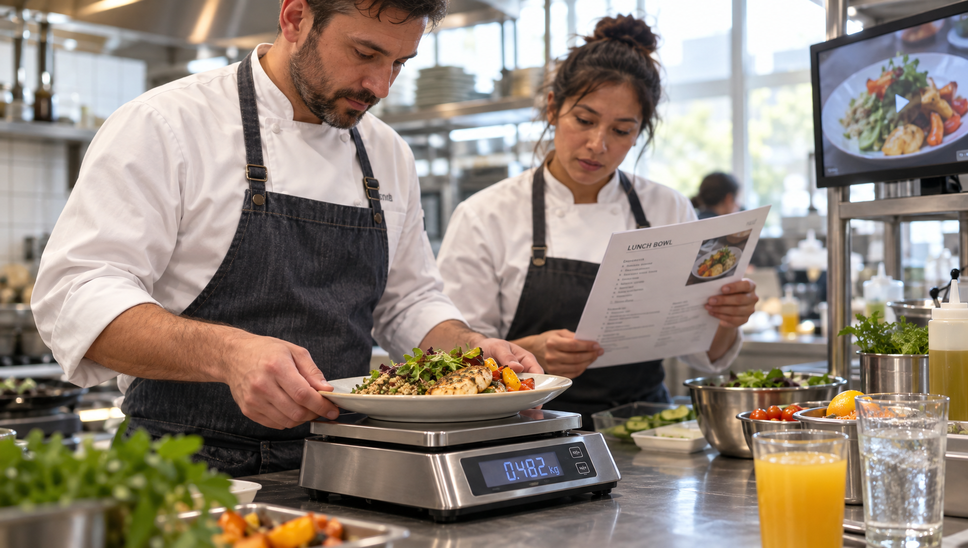 Deux cuisiniers vérifient le poids d’une assiette à l’aide d’une fiche recette.