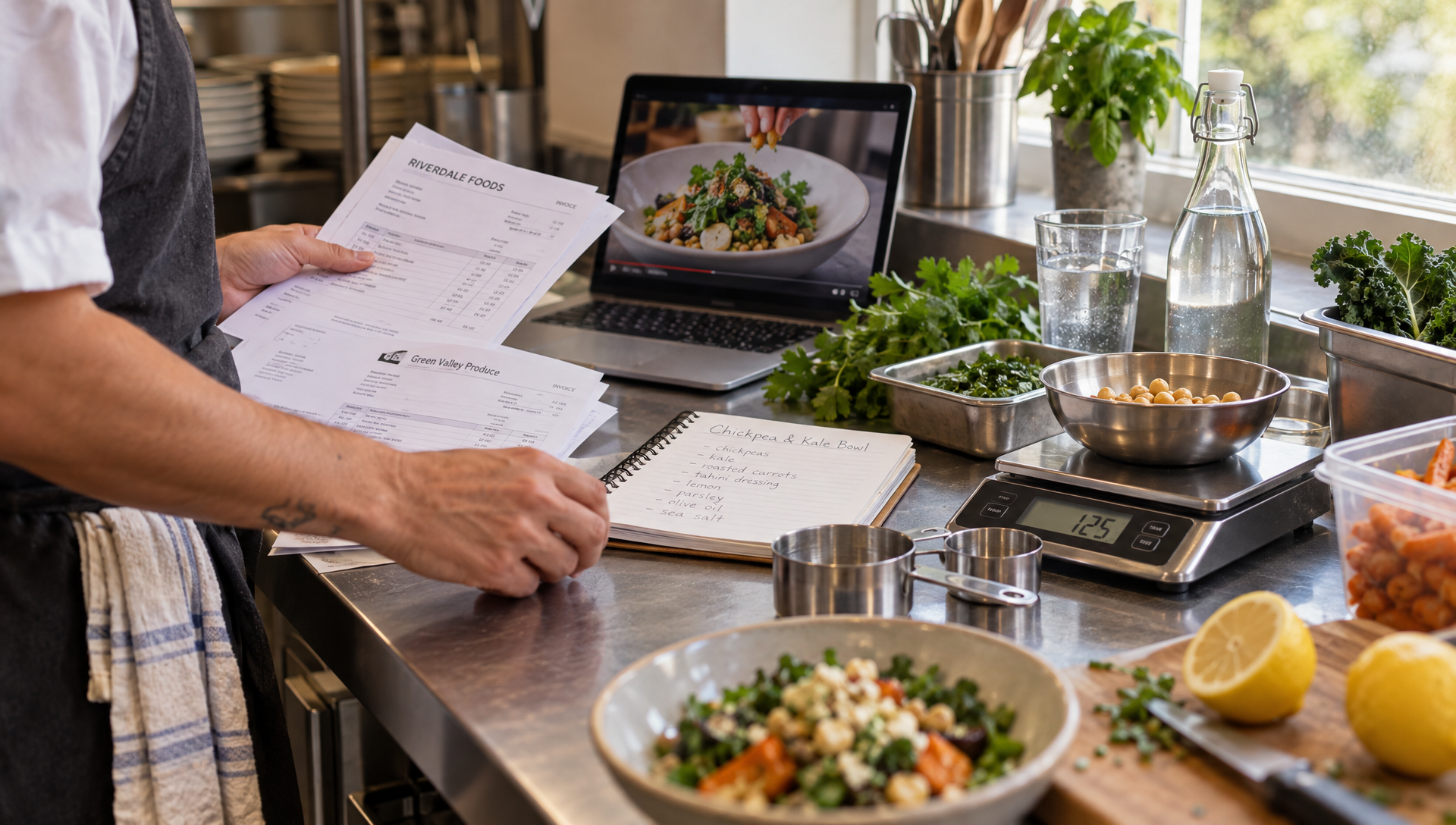 Un cuisinier rassemble les ingrédients et le matériel nécessaires pour établir une fiche technique.