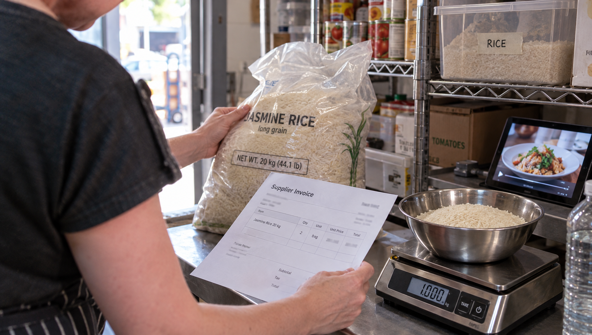 Un cuisinier vérifie le conditionnement du riz et la facture fournisseur.