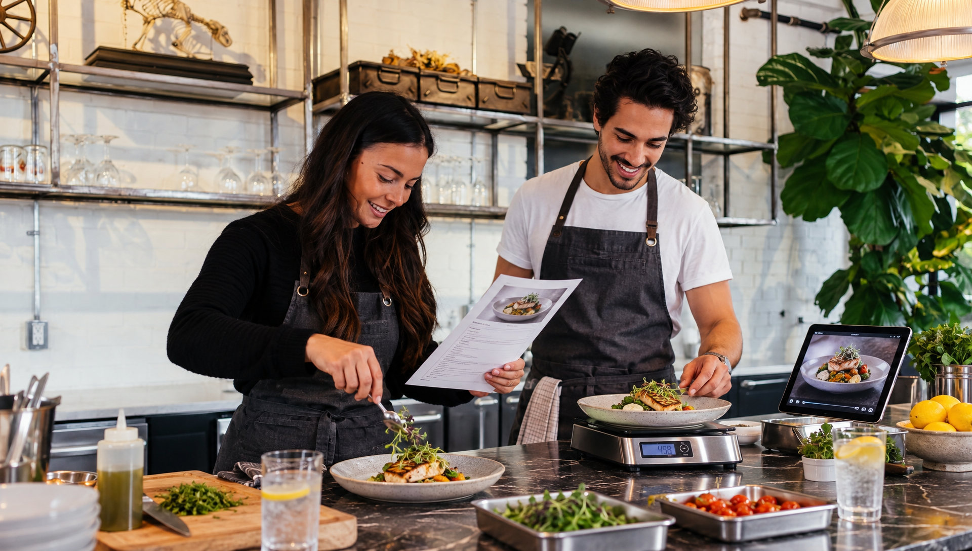 Deux cuisiniers testent une fiche recette et comparent les portions dressées.