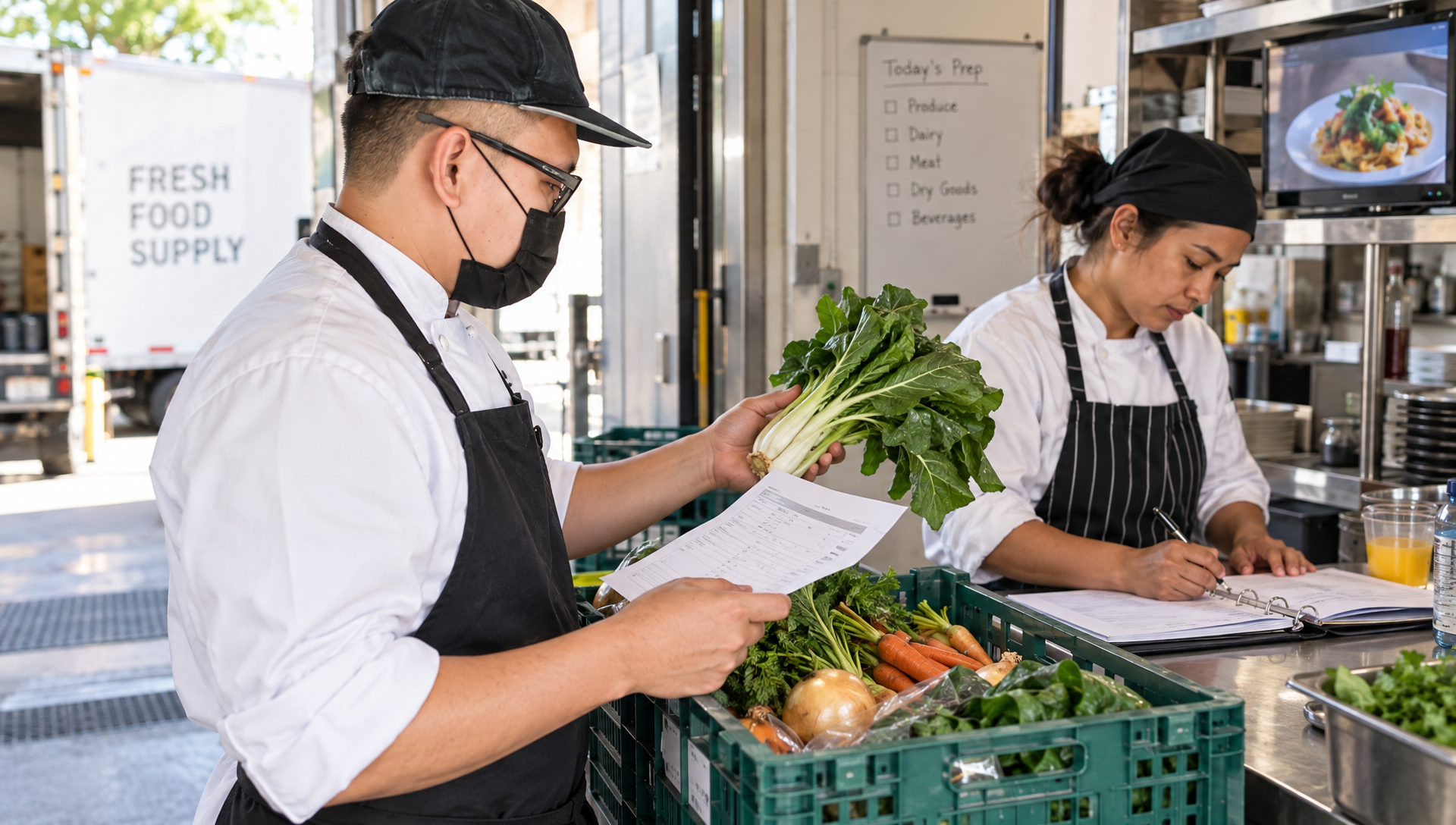 Deux collègues contrôlent une livraison de légumes et actualisent une fiche recette.