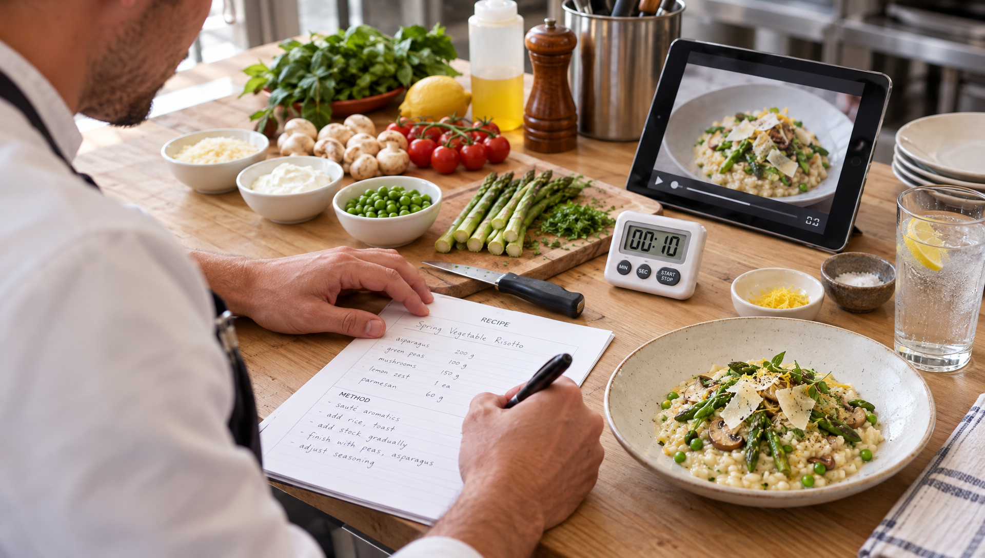 Une cheffe renseigne une fiche recette à côté des ingrédients mesurés et du plat terminé.