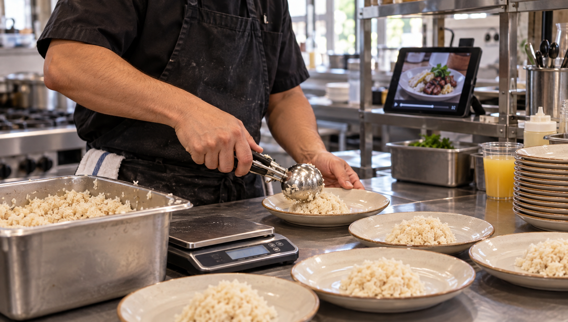 Un cuisinier répartit le riz cuit en portions et en vérifie le poids.
