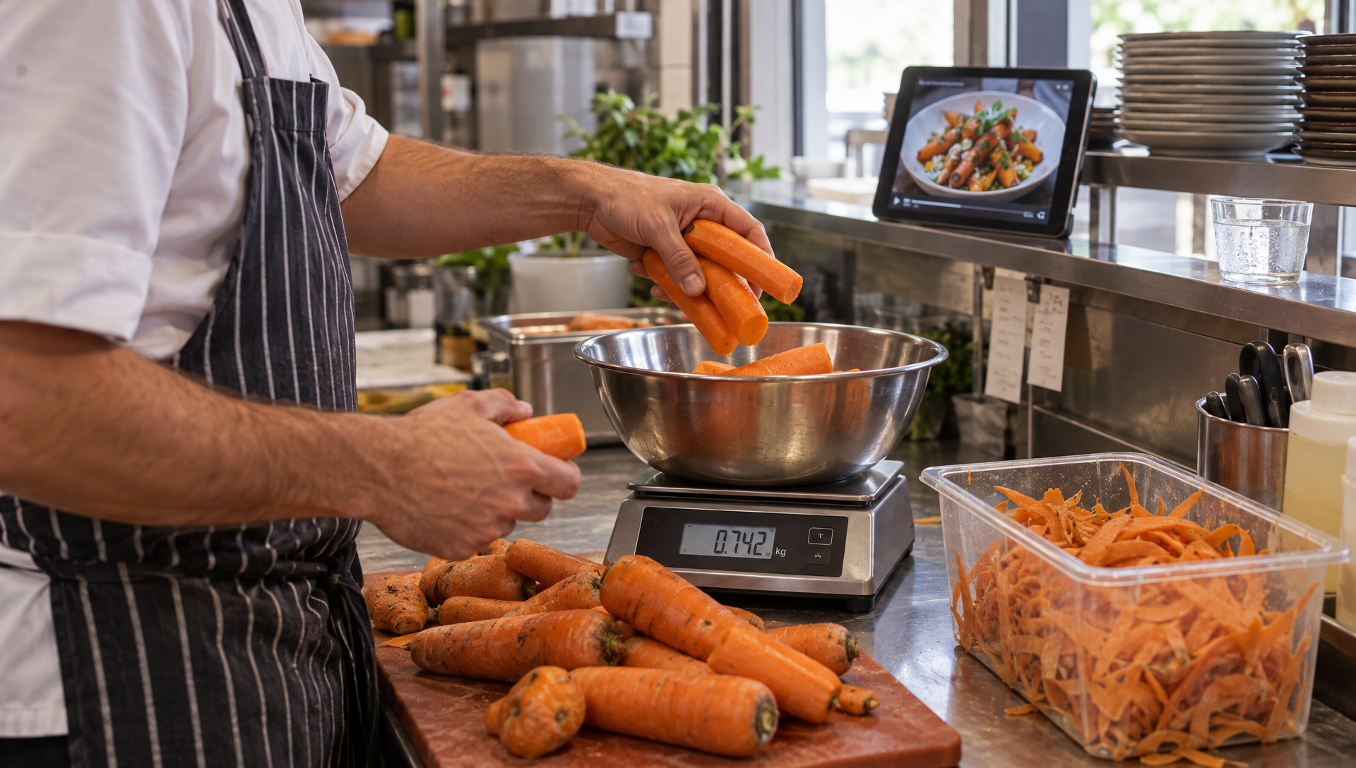 Une cuisinière pèse les carottes épluchées en séparant les légumes utilisables des épluchures.