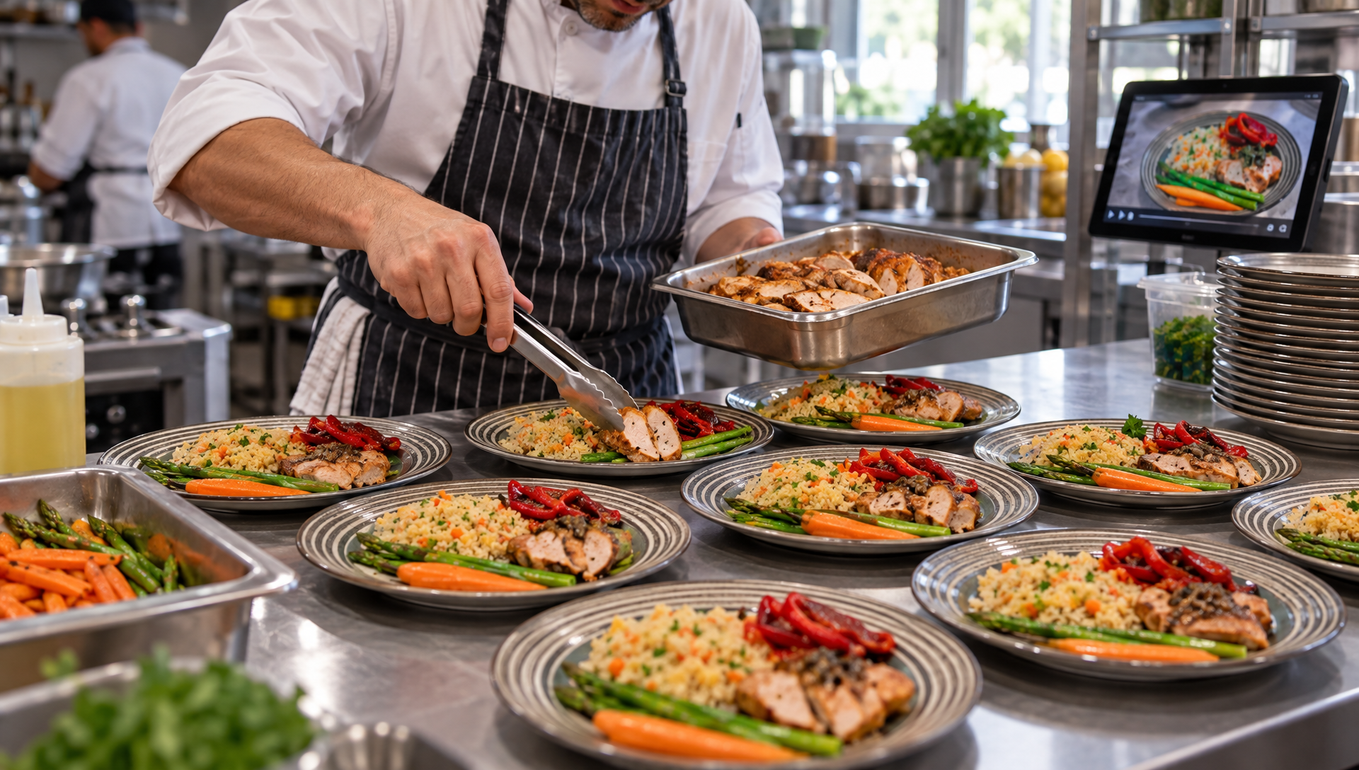Un chef prépare dix assiettes de poulet, de riz et de légumes.