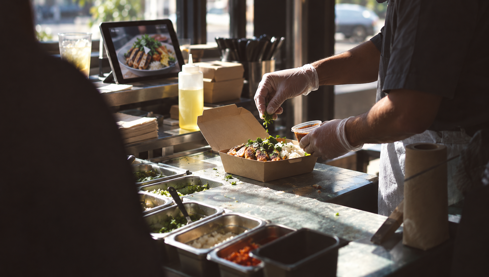 Une cuisinière ajoute la sauce et la garniture à un plat dans son emballage à emporter.