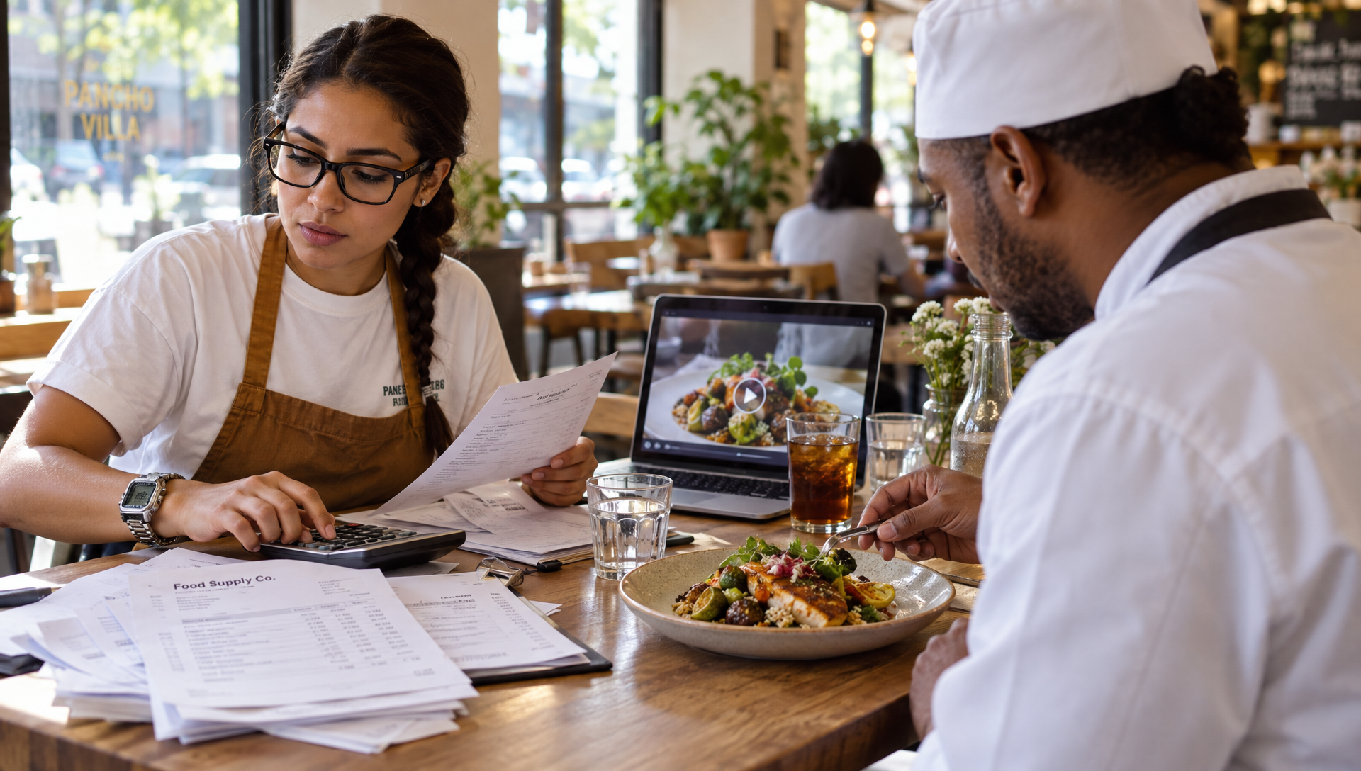 Une restauratrice et un chef examinent le coût d’un plat avec des factures et une calculatrice.