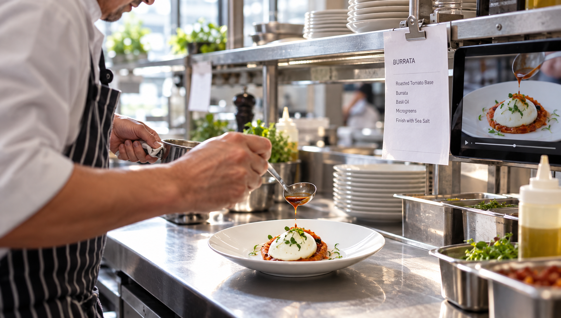 Un cuisinier suit une fiche au poste de dressage pour doser la sauce.