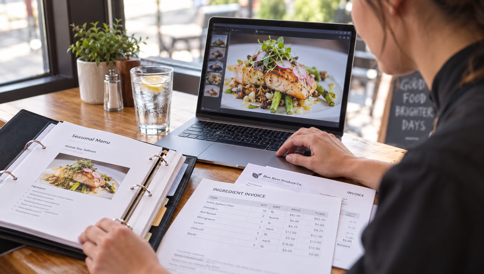 Une gérante travaille sur un ordinateur affichant un plat, à côté d’un classeur de recettes.