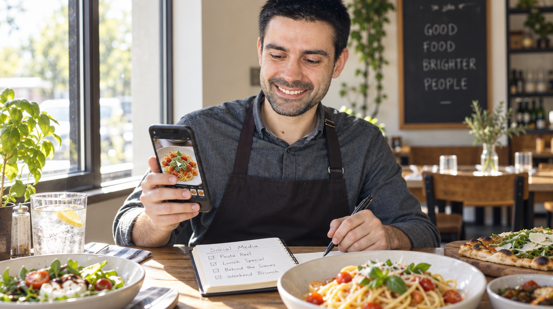 Una propietaria planifica publicaciones junto a varios platos del restaurante.