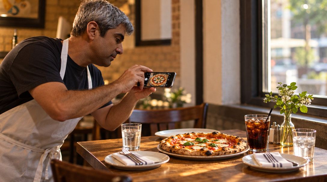 Un camarero fotografía una pizza recién horneada antes del servicio.