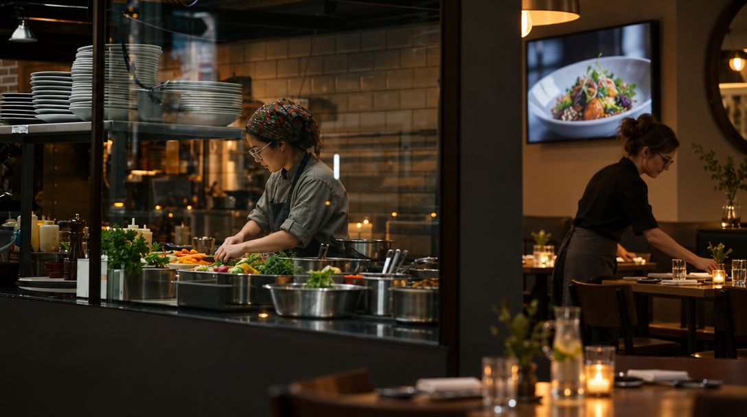 Dos trabajadores preparan la cocina y el comedor antes de abrir.