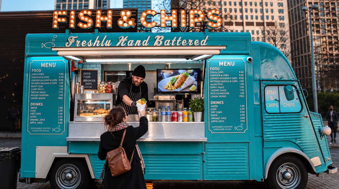 Un cocinero entrega un wrap recién preparado desde un food truck.